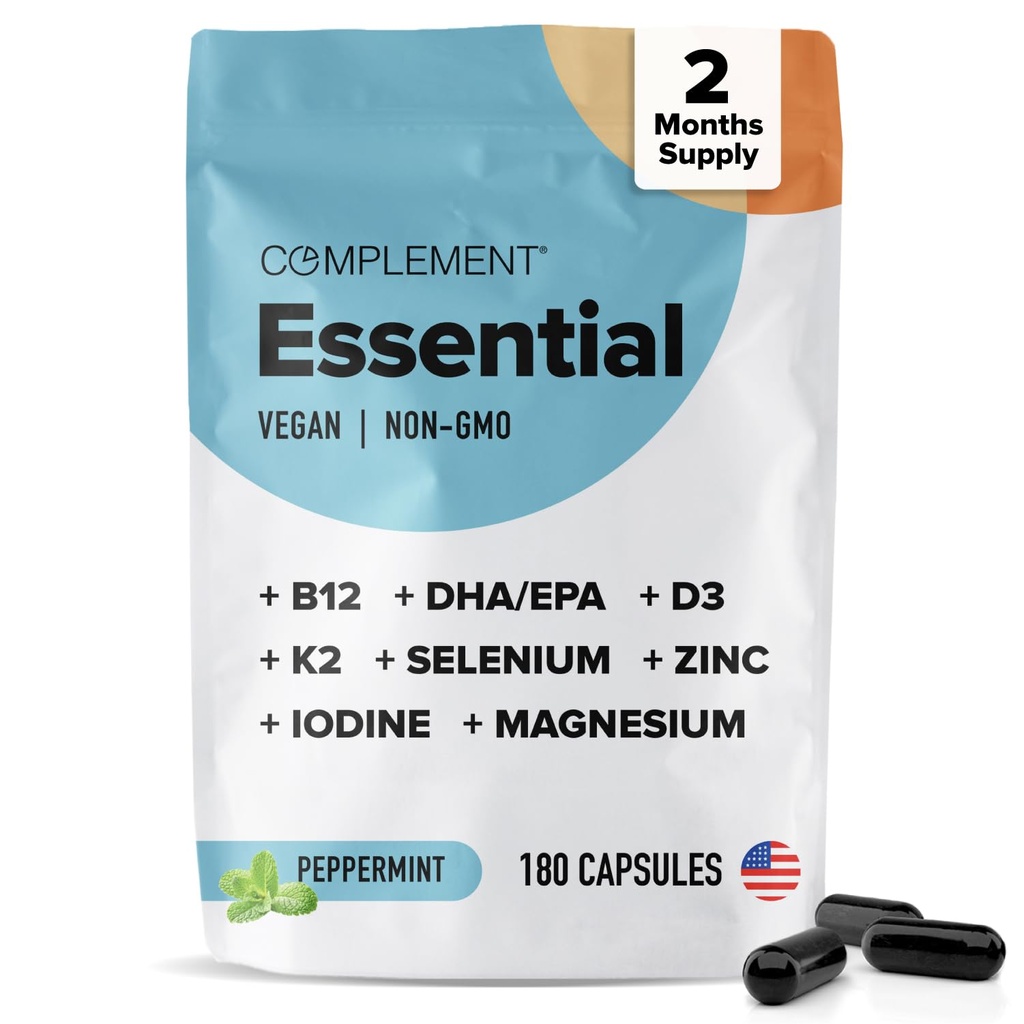 Complemento Essential Vegan Multivitamina per Uomini e Donne (60 Serve, 180 Capsule) con Omega-3 DHA & EPA, B12, Vitamina D3 & K2, Zinco, Selenio, Magnesio, Iodio - Supporta l'immunità e la salute generale