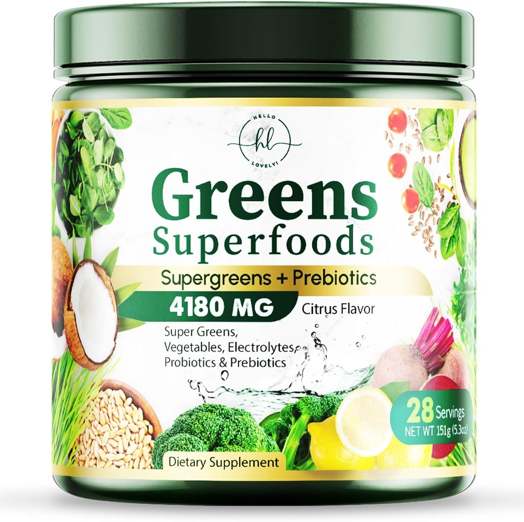 Greens Powder Superfood - Premium Organic Super Greens Juice Powder - Confezionato con probiotici, erba di grano, enzimi, Spirulina, clorella per la salute digestiva & Gut, Smoothie Drink Mix - 28 Servings