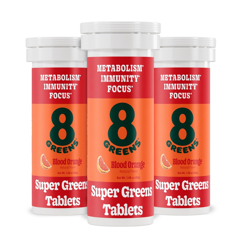 8Greens Supergreens Tablet | Super Greens Powder Superfood Tablet, Metabolismo Immunity & Focus, Daily Greens Effervescent Tablets, Organic: Aloe Vera, Spirulina, Chlorella, Blood Orange, 30 Servings