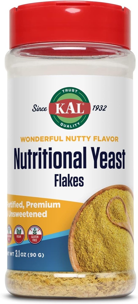 KAL Nutritional Yeast Flakes, Fortified with B12, Folic Acid & Other B Vitamins, Unsweetened, Great Nutty Flavor, Vegan & Gluten Free, 60-Day Money Back Guarantee, Made in the USA, 20 Servings, 3.1oz