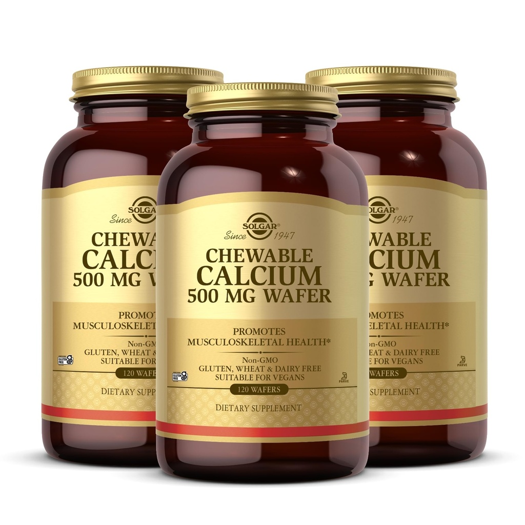 Solgar Chewable Calcium 500 mg - 120 Wafers, Confezione da 3 - promuove la salute muscoloscheletrica - Non OGM, Vegan, Gluten, Wheat & Dairy Free, Kosher - 180 Total Servings