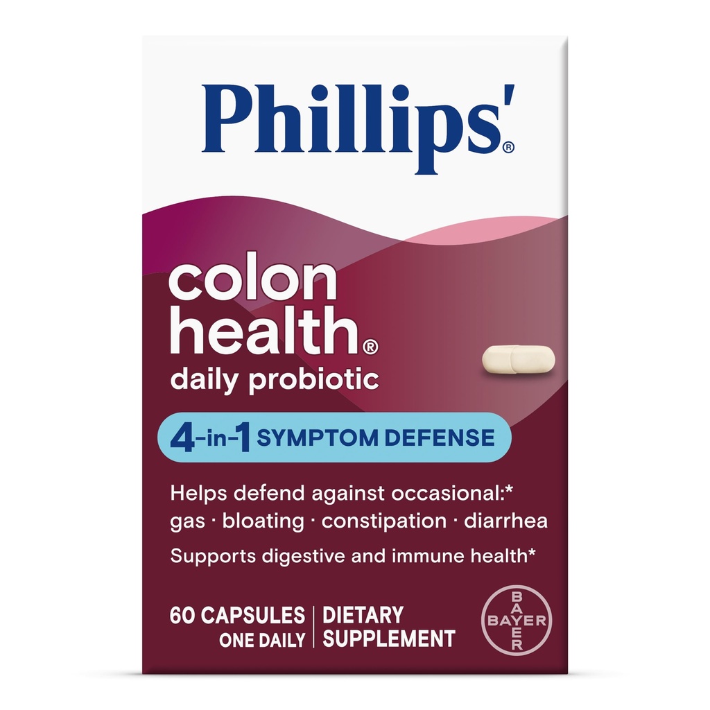 Phillips' Colon Health Daily Probiotic Capsule, 4-in-1 Difesa del sintomo per aiutare a difendere contro occasionali Gas, Bloating, costipazione e diarrea, supplemento giornaliero, 60 Conte