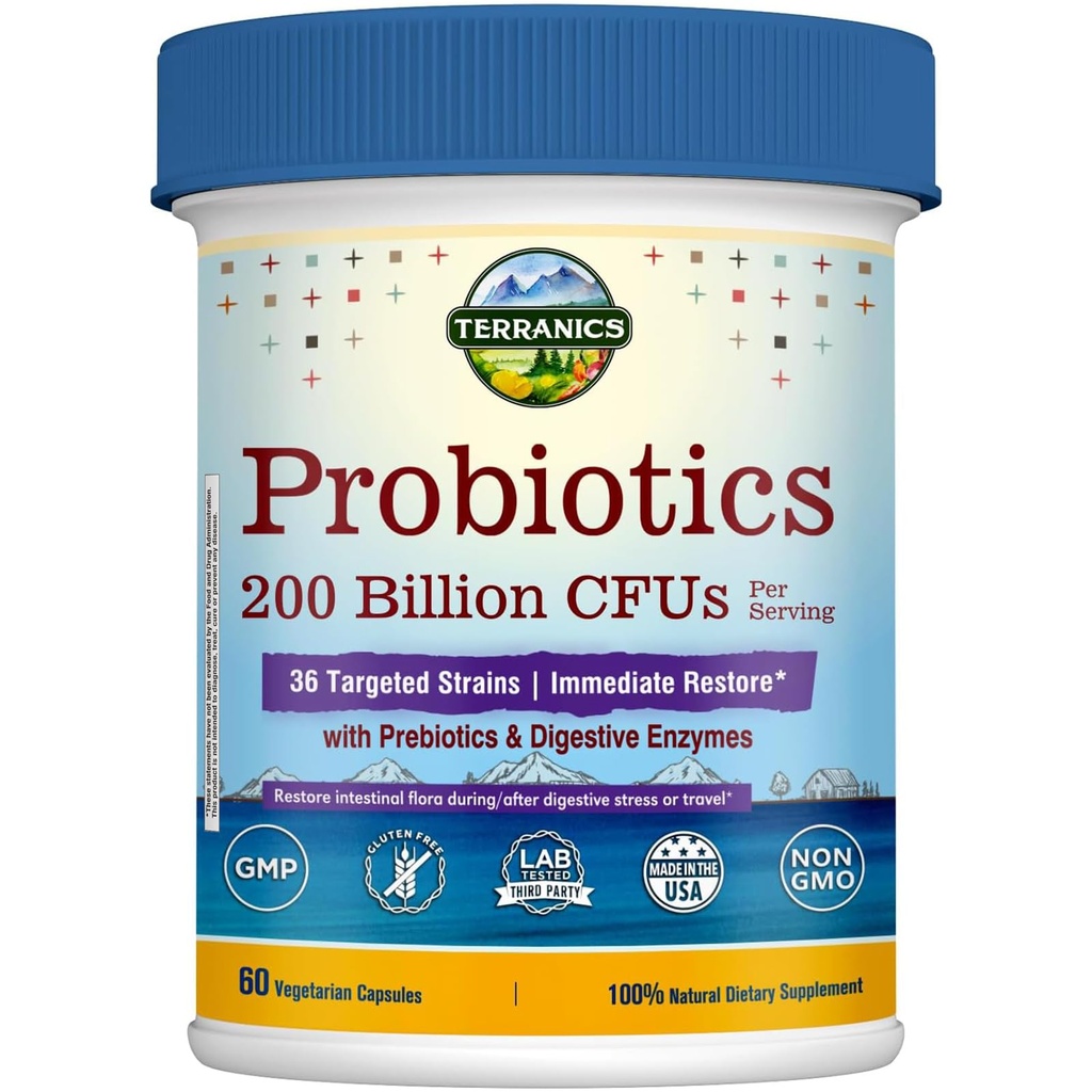 Terranics Daily Probiotics for Men & Women, 200 Billion 36 Strains Probiotici di ripristino immediato, con Prebiotics & Enzymes, Regolarità sana, Rilascio ritardato, Manzo stabile, 60 Caps Veggie