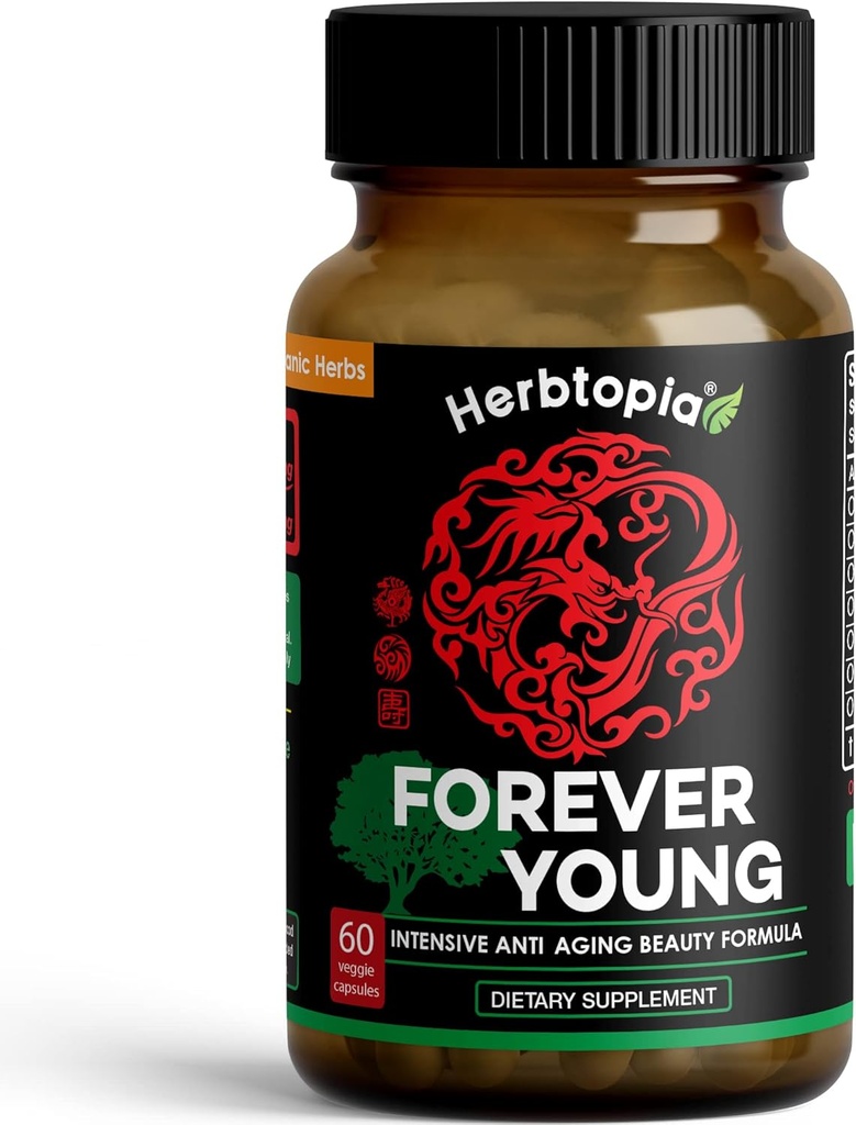 Per sempre Young Longevity Supplemento per Immunity, Anti Gray Hair, Telomere allungamento & Happy Mood w/Ginseng, Astragalus, Lions Mane, Reishi Mushroom, Codonopsis | Organic - 60 Caps