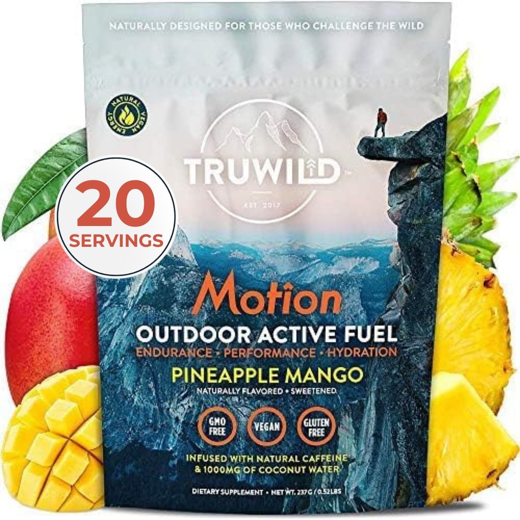 TruWild Motion tutto naturale pre allenamento polvere bere miscela per gli uomini e le donne con nessun Jitters o Crash, intero impianto alimentare basato Vegan, organico con elettroliti + BioPerine, 20 Servings (Pineapple Mango)