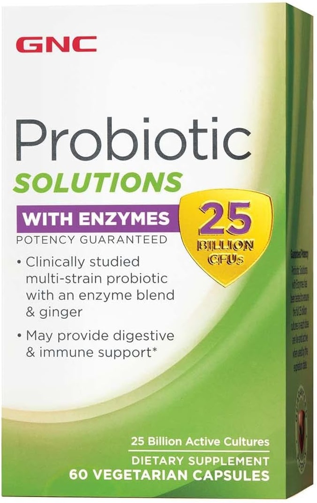 GNC Probiotic Solutions con enzimi, fornisce supporto digestivo e immunitario, 25 miliardi di CFU, 60 capsule vegetariane, 60 Serve
