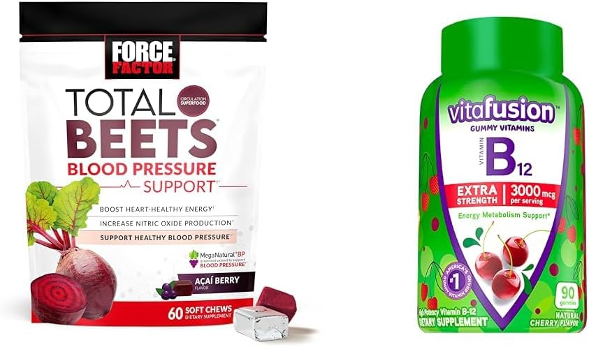 Force Factor Total Beets Supporto per la pressione sanguigna con l'estratto di semi d'uva & Vitafusion Extra Strength B12 per l'energia, Gummies aromatizzati alle ciliegie