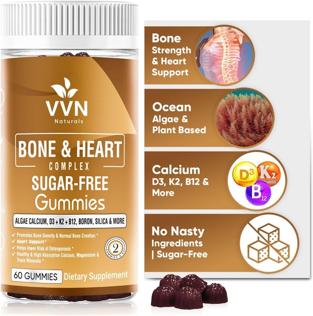 Vegan Calcium Gummies K2 Integratore di vitamina con MK-7 & Vitamina D3, Magnesio & 13 Minerali di Trace, Sostenere la Densità di Bone | Plant Based | B12 - Bone & Heart Complex, 60 ct.