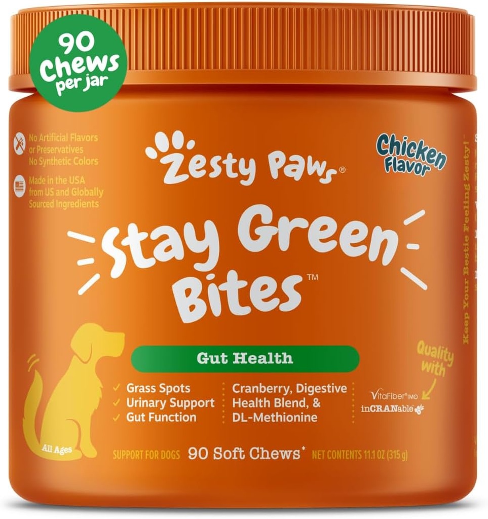 Zesty Paws Stay Green Bites for Dogs - Grass Burn Soft Chews for Lawn Spots Caused by Dog Urine - with Cranberry for Urinary Tract & Bladder - Pollo - 90 Conte