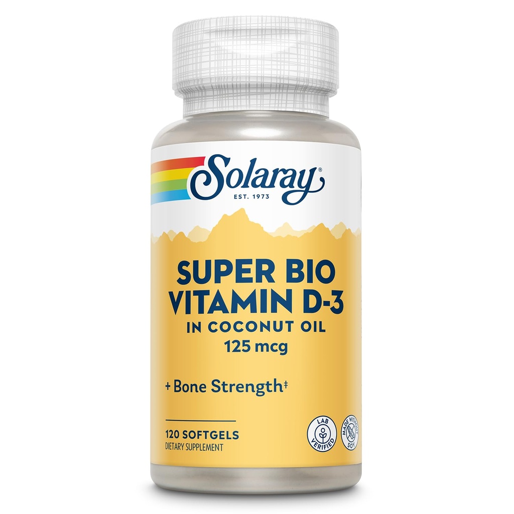 SOLARAY Super Bio Vitamin D3 in olio di cocco - D3 Vitamina 5000 IU - Integratore di supporto per la salute e l'immune - Lab Verificato, Soia Made Wtihout, Garanzia di 60 giorni - 120 Softgels, 120 Serve