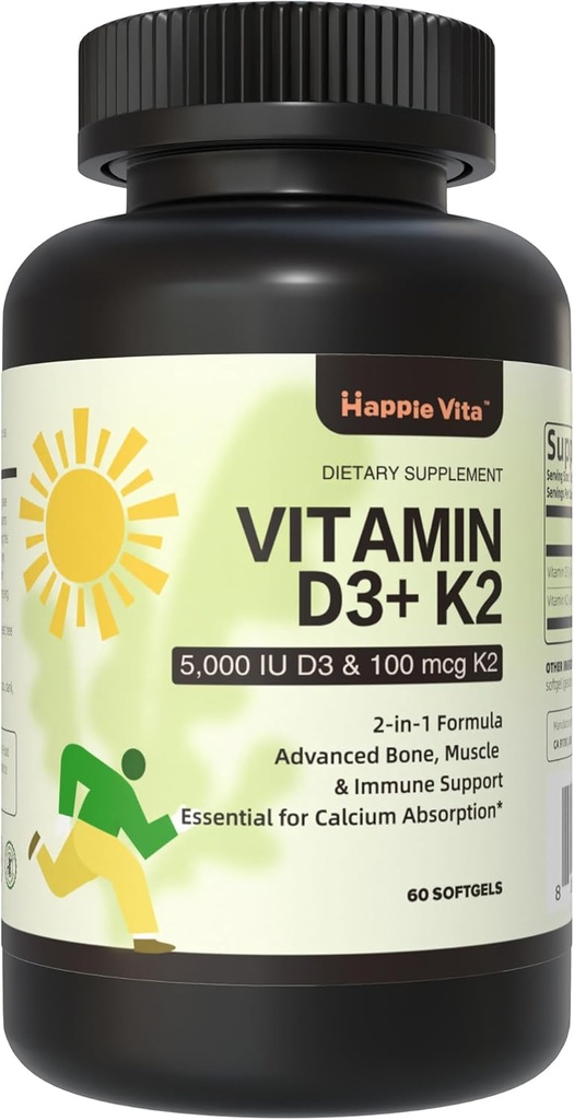 Vitamina D3 K2, Vitamina D3 5000 IU (125 mcg) + Vitamina K2 100 mcg, 2 in 1 D3 e K2 Supplementi per Bone, denti, muscolo e assistenza sanitaria immunitaria, 60 Softgels