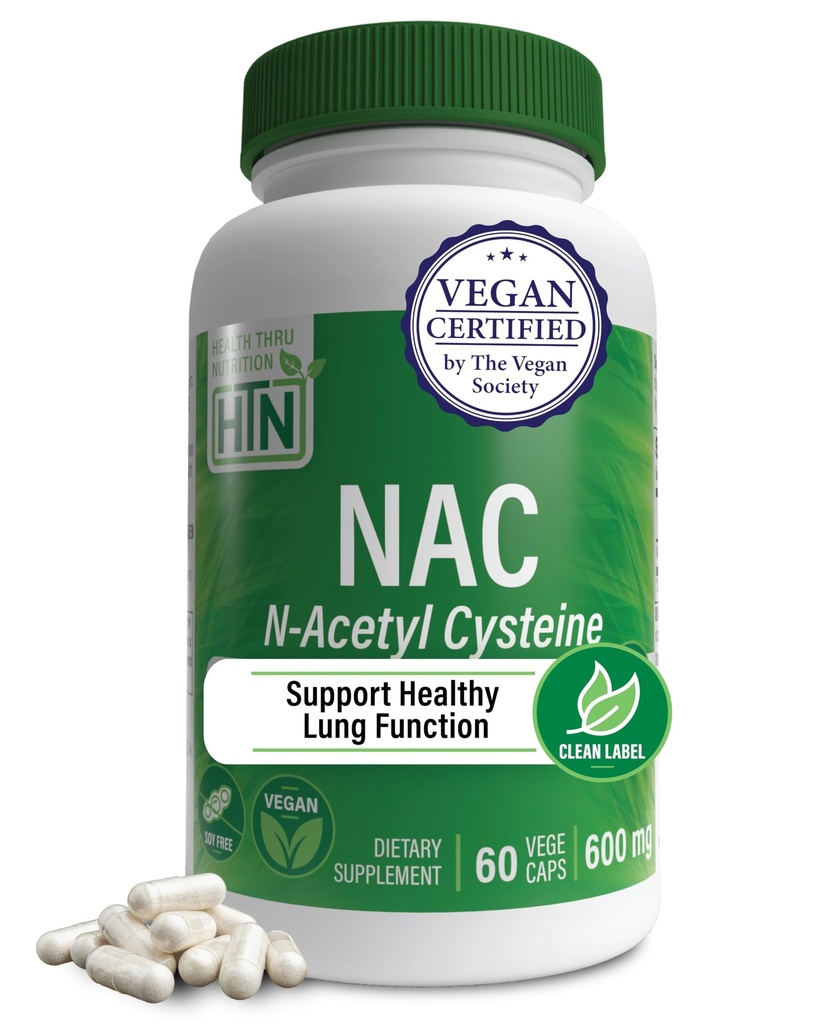 Salute Thru Nutrition NAC N-Acetyl-Cysteine 600mg 60 capsule | Vegan Certified | Il più Purest NAC Supplemento | Supporta polmone sano, funzioni del fegato e salute cellulare | Soy & Gluten Soy