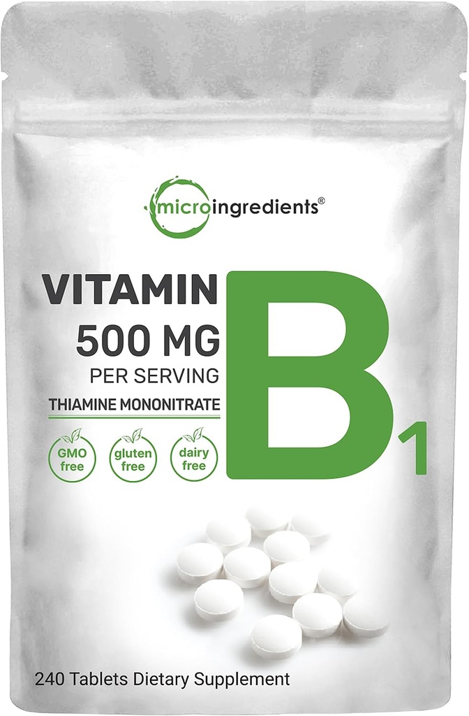 Micro Ingredienti Vitamina B1 500mg Per Serving, 240 compresse | Vitamina B1 Thiamine Supplemento, Vitamine B essenziali | Supporta il metabolismo e il sistema nervoso sano | Non OGM, Facile da ingoiare