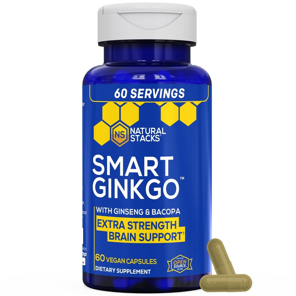 NATURAL STACKS Ginkgo Biloba Integratore con 200mg Panax Ginseng & 200mg Bacopa Monnieri - Integratori per la Memoria e il Focus - Ginseng coreano per il supporto alla salute del cervello - 60 Ginkgo Biloba Capsule