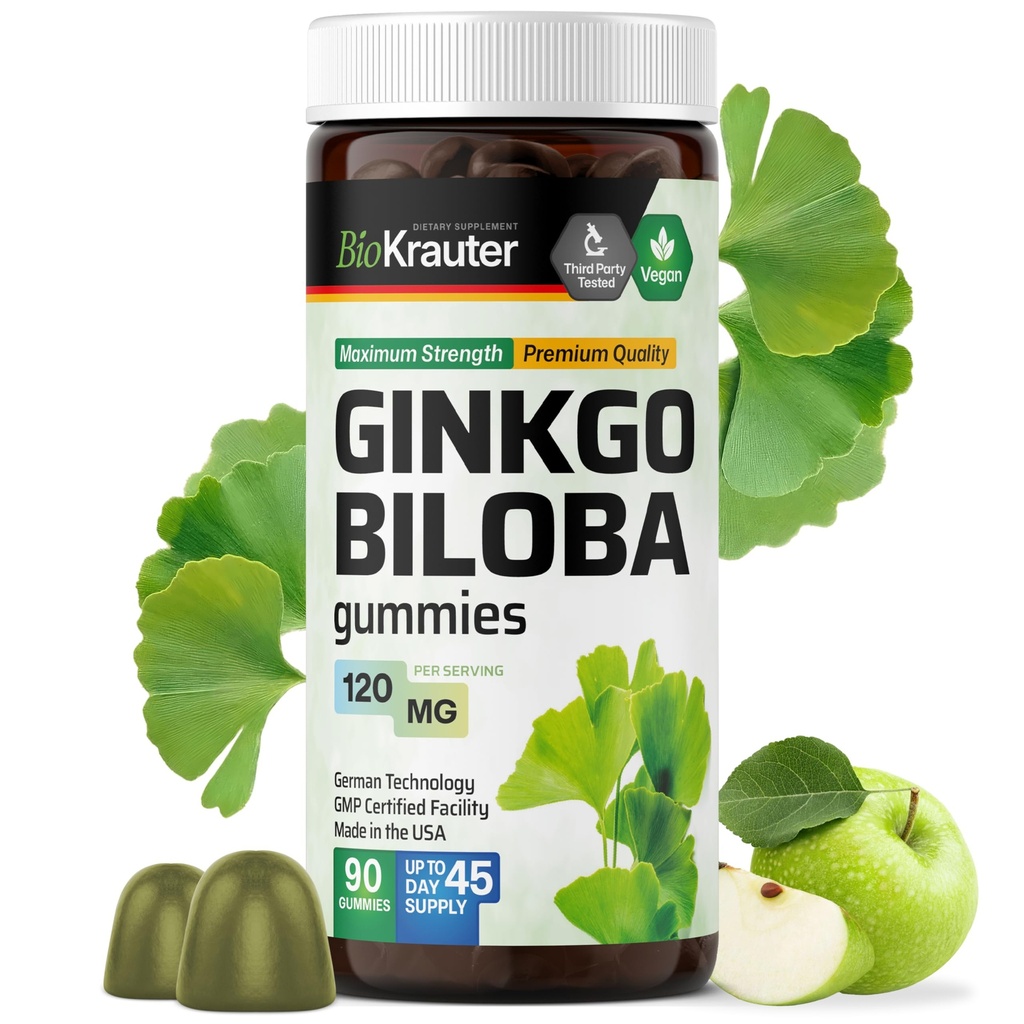 BIO KRAUTER Ginkgo Biloba Gummies - 90 Vegan Chews - Ginkgo Biloba Integratori per il supporto del cervello - 120 mg Estratto standardizzato - Formula a base di pectina