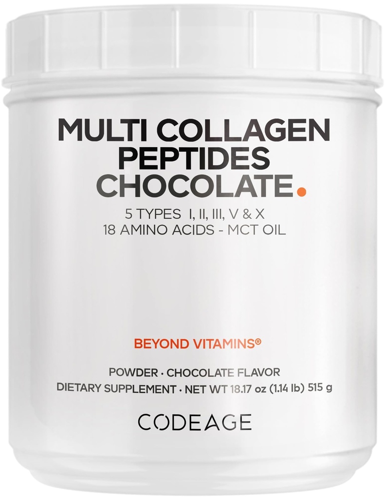 Codeage Multi Collagen Chocolate Protein Powder - Peptidi di collagene di bovini idrolizzati, 5 tipi di collagene & MCT Olio - Collagen Creamer, Peptidi di Collage di Cioccolato - Protein Shakes - Non-GMO - 18.17 oz