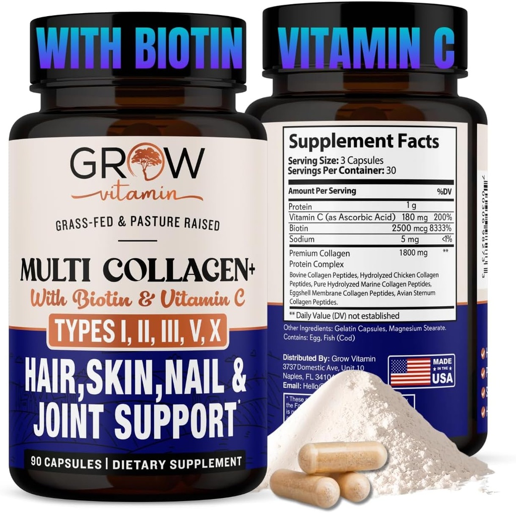 Vitamina Multi Collagen Capsule - Tipi I, II, III, V & X | Miscela idrolizzata con Biotina & Vitamina C per Capelli, Pelle, Chiodi 90 Capsule