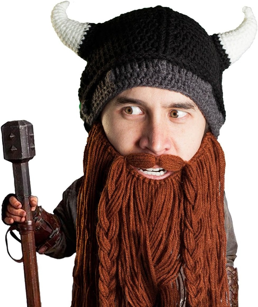 Cuscinetto testa vichingo pillager - originale a mano in maglia vichingo corno casco e rimovibile intrecciato marrone / nero Beard