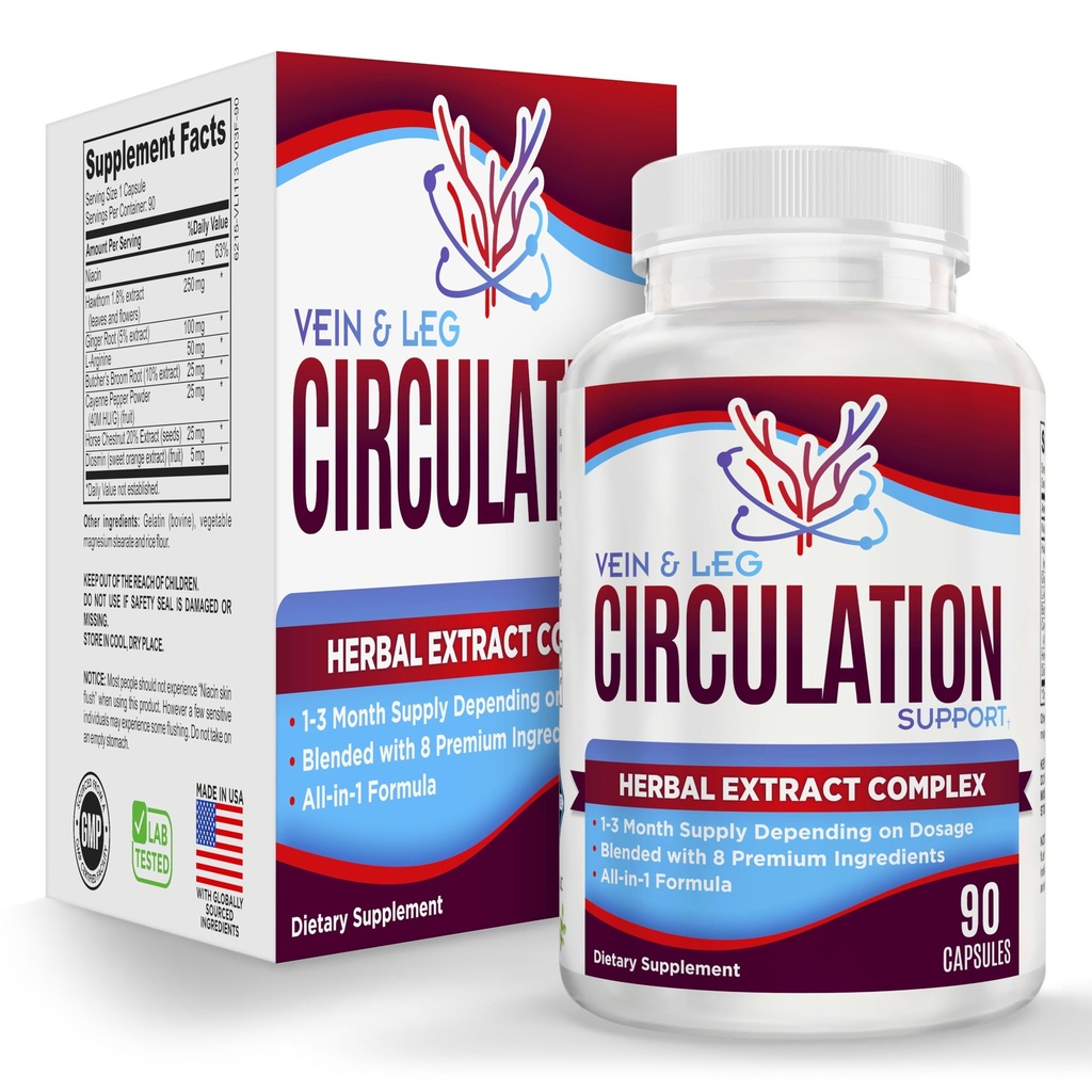 Vein & Leg Circulation Supplement (All-in-1) Health Support con 8 ingredienti attivi | Blood Circulation Booster Formula | Leg & Vein Supplements | 1-Month Supply | 90 capsule