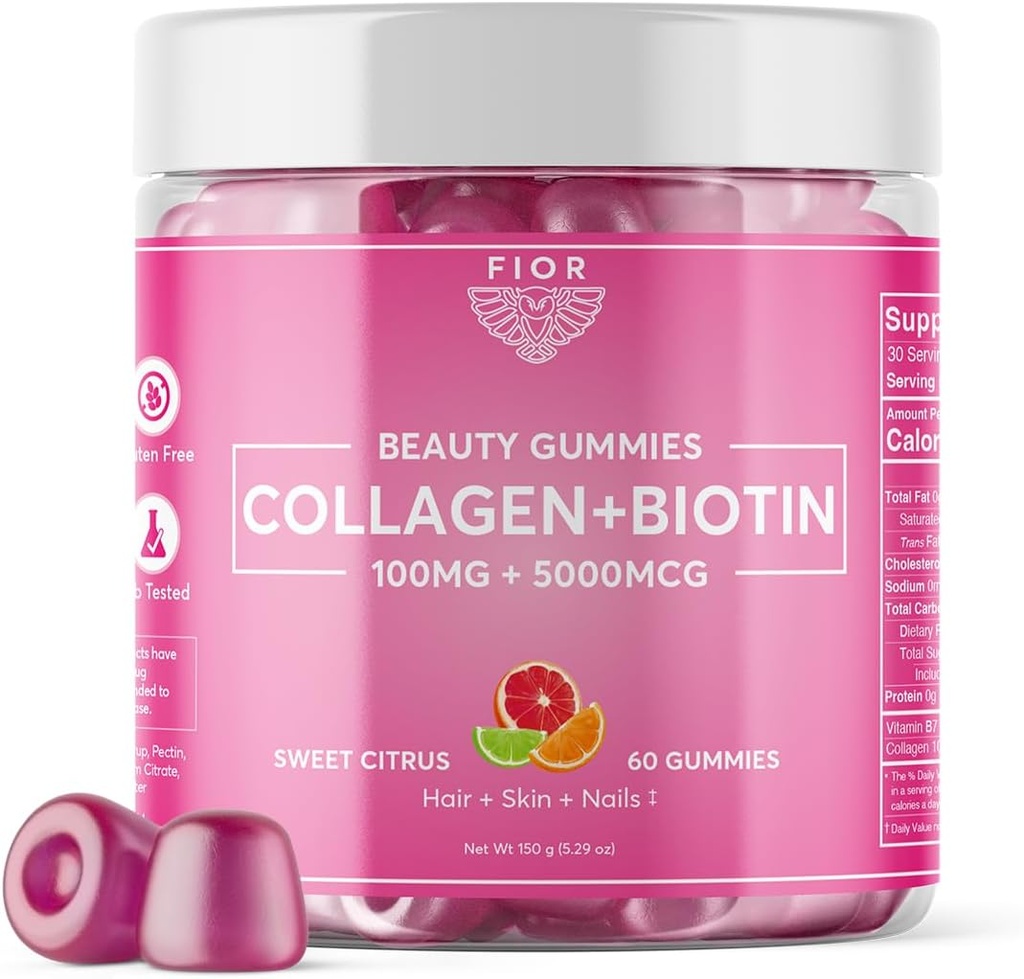 FIOR 60 ct Integratori di biotina e collagene. Migliore Collagen & Biotin Vitamine per Capelli e Unghie. Gummie di collagene & Biotin Gummies sono pelle di capelli e unghie Vitamine Gummies di bellezza.