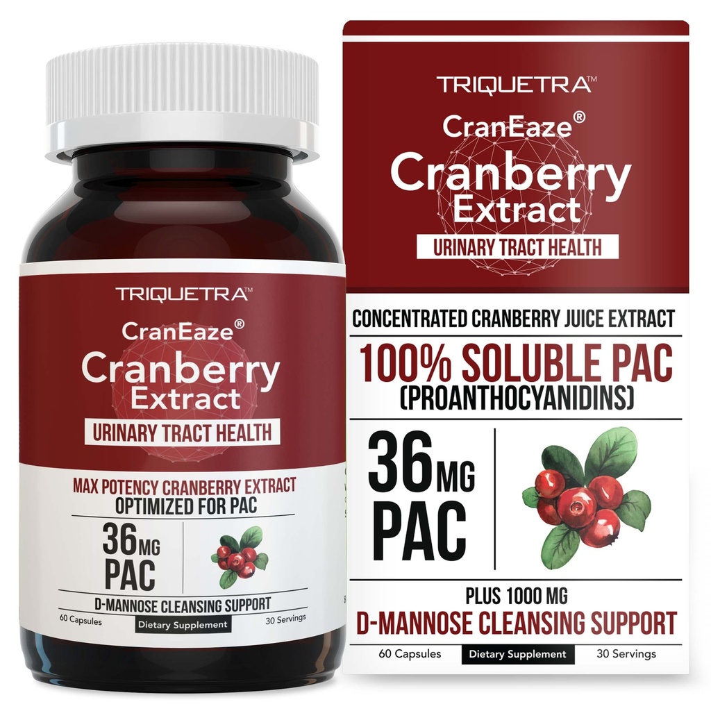 CranEaze®: Estratto di succo di mirtillo Plus D-Mannose – 36 mg PAC, 100% PAC solubile - Supporta la salute del tratto urinario – La maggior parte delle pillole efficaci di mirtillo per le donne, UTI Cranberry Supplement - 60 capsule