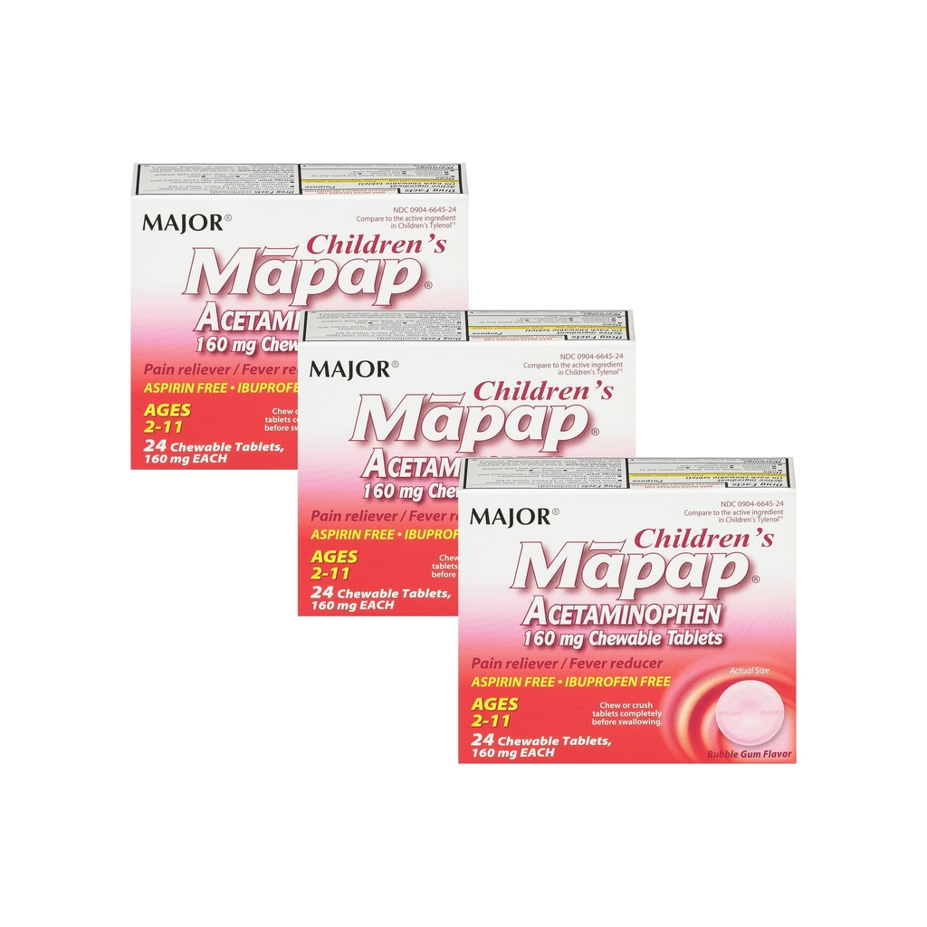 MAJOR Mapap Acetaminophen da bambini da 160 mg Compresse masticabili - Riduttore di dolore/Fever - Aspirina Free - Ibuprofen Free - per età da 2 a 11-24 Conte (3 Confezione)