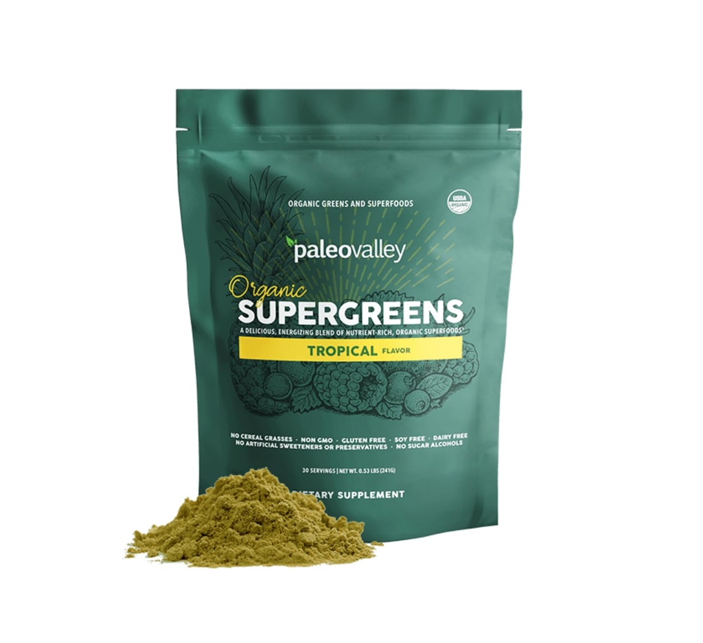 Paleovalley Organic Supergreens Powder - 23 Superfoods con fibra prebiotica per l'energia e l'immunità Support - No Erba Cereali per l'assorbimento massimo - Tropicale, 28 Serve