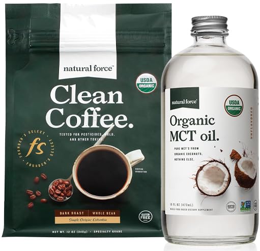 Natural Force Organic Dark Roast Clean Coffee + Organic MCT Oil Bundle – 100% Pure Coconut MCTs & Mold & Mycotoxin Free Coffee – Non-GMO, Keto, Paleo, e Vegan - 12 Oz e 16 Oz