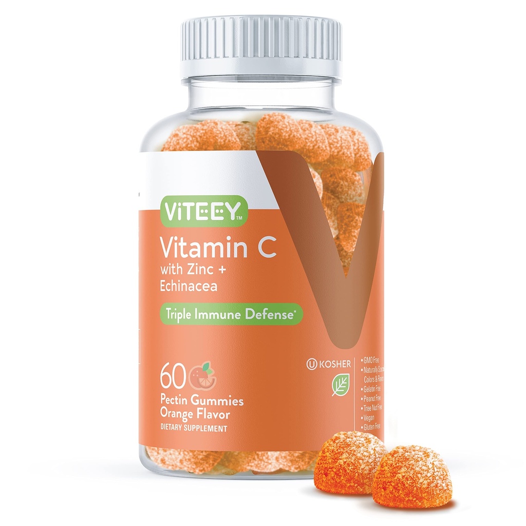 Viteey Vitamin C Gummies per Adulti & adolescenti con Zinc & Echinacea - Supporto Immune Gummies - Vegan, Gelatin Free, Gluten Free, OGM Free - Tasty Vitamin C Chewable Orange Flavored Gummy
