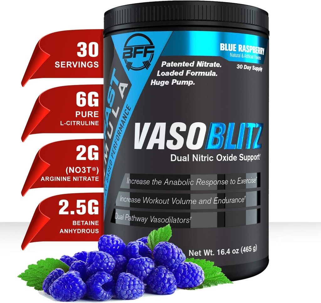 Premio VASOBLITZ che vince il doppio ossido nitrico pre allenamento con NO3T Arginina Nitrato, L-citrullina, Betaina anidra, Lattato di calcio,Caffeina Free per l'endurance muscolare (30 Serving) (Blue Raspberry)