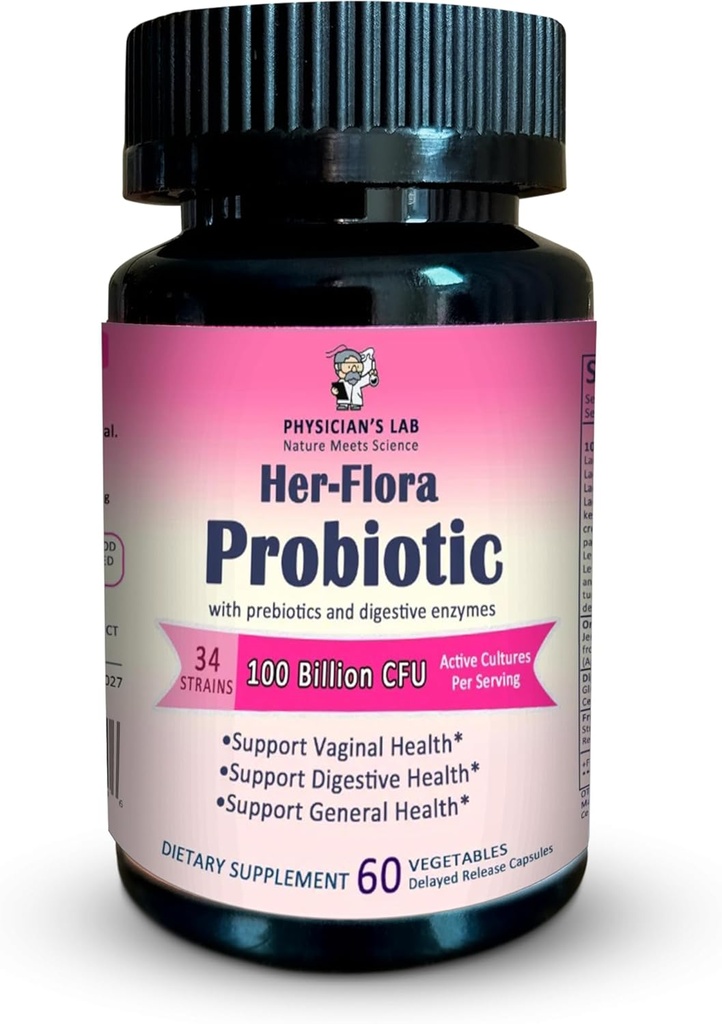 Lab Her-Flora Women’s Probiotic 100 miliardi di CFU per capsula, Non-GMO, 34 Strains, con enzimi Prebiotici & Digestivi, Gut & Vaginal Health, H.Pylori Support, 60 Caps Veg, 2-Months Fornitura!