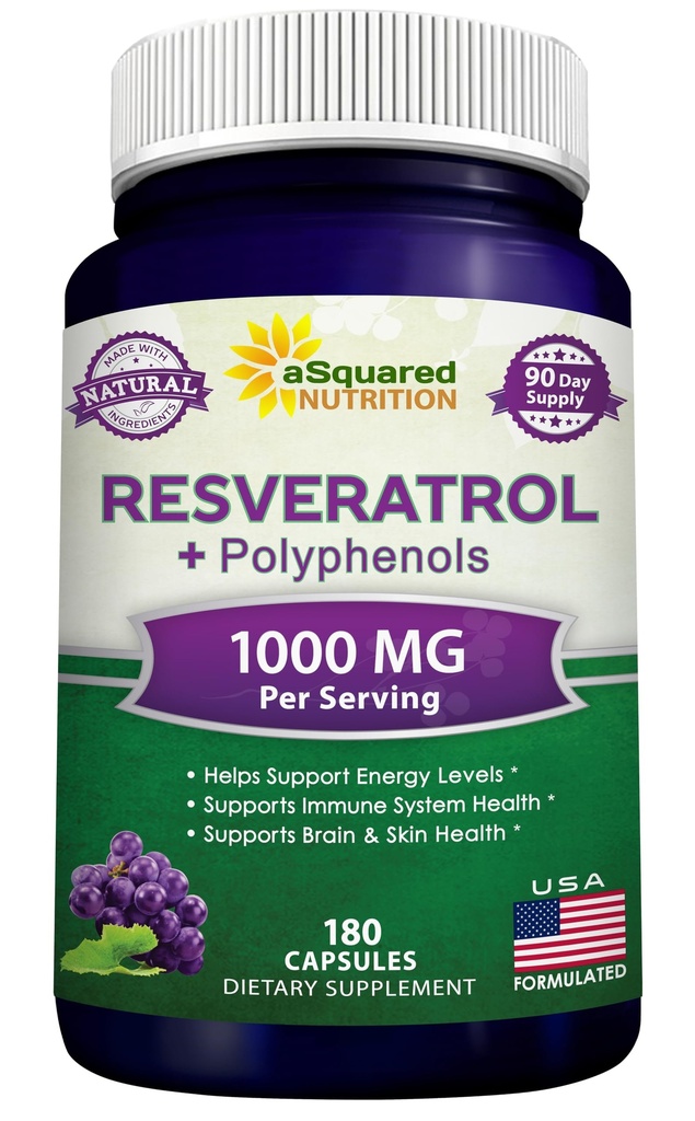 aSquared Nutrition Natural Resveratrolo con Estratto di Vino Rosso - 180 Capsule - Trans Resveratrolo Antiossidante Supplemento Pillole per Pure Heart Health - Extra Forza Trans-Resveratrolo