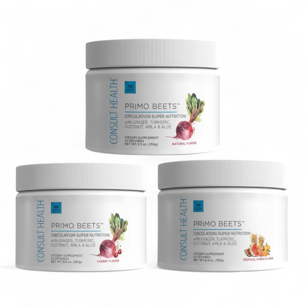 Consolare la salute Primo Beets Beet Root Powder Drink Mix con nitrati, supporto circolare giornaliero con zenzero e curcuma, 3 Pack di aromi, ciliegia, mirtillo e fragola Limonata 6.5 oz Ogni