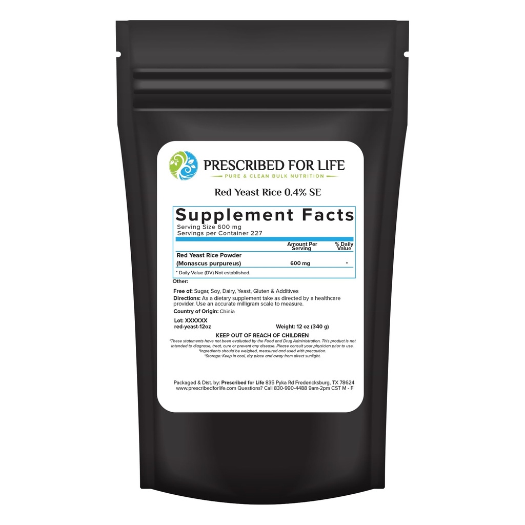 Prescritto per la vita polvere di riso di lievito rosso, supplemento di riso di lievito rosso per la salute di sostegno, vegano, senza glutine, non OGM, Monascus purpureus (12oz / 340g)