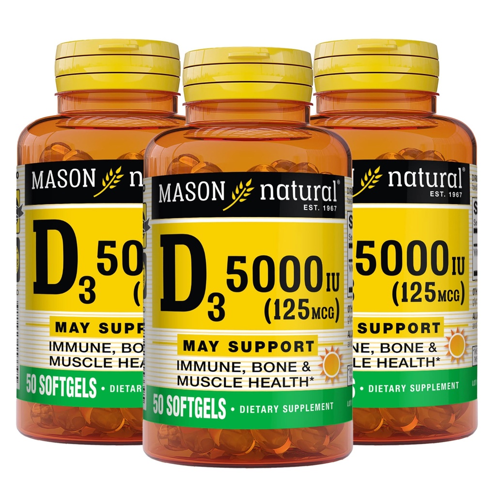 MASON NATURAL Vitamina D3 125 mcg (5000 IU) - Supporta la salute generale, rinforza le ossa e i muscoli, da Fish Liver Oil, 50 Softgels (Pack of 3)