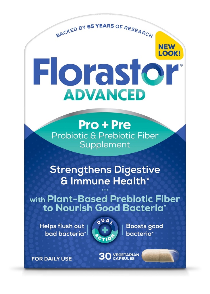 Florastor Advanced Pro+Pre Daily Probiotic and Prebiotic Supplement for Women and Men, Boosts Good Bacteria, Saccharomyces Boulardii CNCM I-745 (30 capsule) (Pack of 1)
