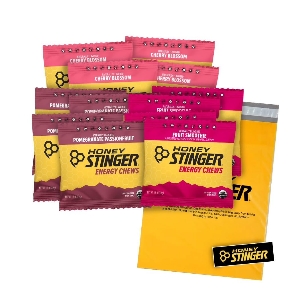 Honey Stinger Organic Energy Chews – Variety Pack – 12 Count – 4 of Every Flavor – Chewy Gummy Energy Source – Cherry Blossom, Fruit Smoothie & Pomegranate Passionfruit – Plus Sticker e Polybag