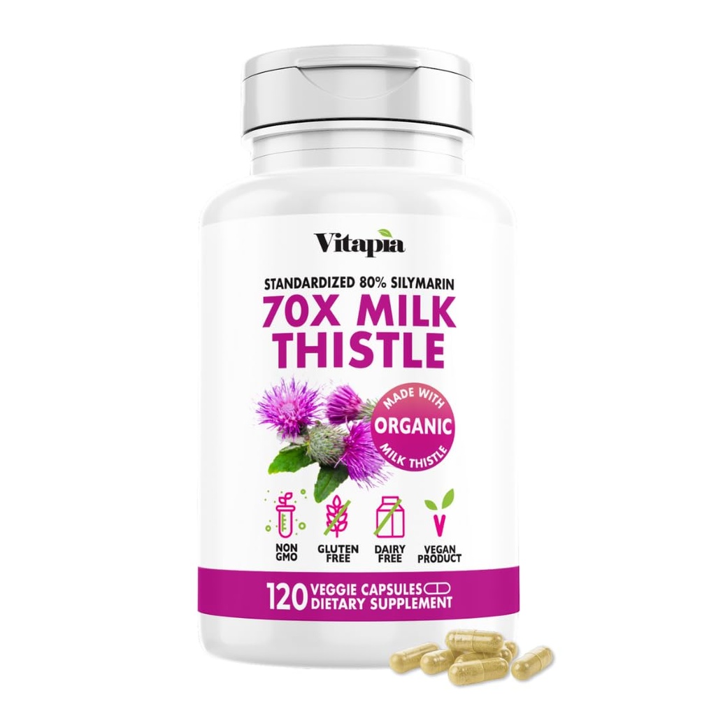 Vitapia Organic Milk Thistle Extract 70:1 Supplemento - Liver Cleanse Detox & Repair, Liver Health Support, Antiossidanti - 120 Vegan Capsule, Non OGM, Gluten Free