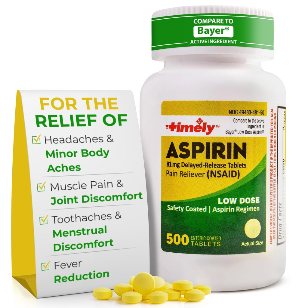 Timely Low Dose Aspirin 81mg per Adulti - Dolore Reliever per Minor Aches & Fever Riduttore - Rispetto a L'Ingrediente attivo in Bayer - Aspirina rivestita enterica bassa resistenza - 500 compresse