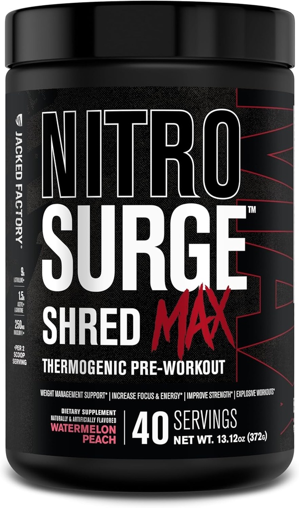 Jacked Factory Nitrosurge Shred Max Preworkout - Polvere pre allenamento termogenica ad alta efficienza per uomini e donne - L Citrulline, Acetil L Carnitina, Caffeina organica - 40 Serve, Peach di anguria