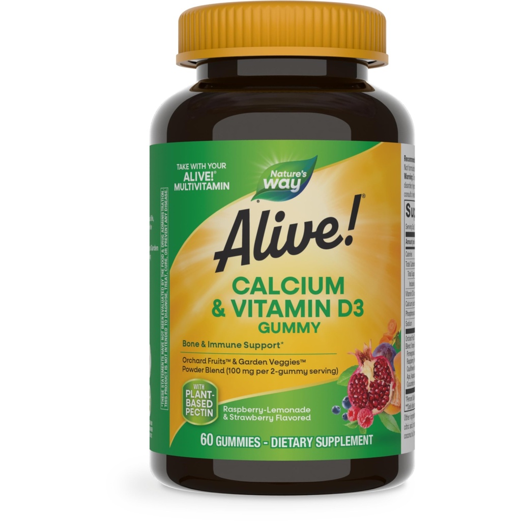 La Via della Natura Viva! Gummie di calcio masticabili con vitamina D3, supplemento giornaliero supporta ossa sane e denti, e la funzione muscolare*, fragola e lampone-lemonade aromatizzato, 60 Gummies