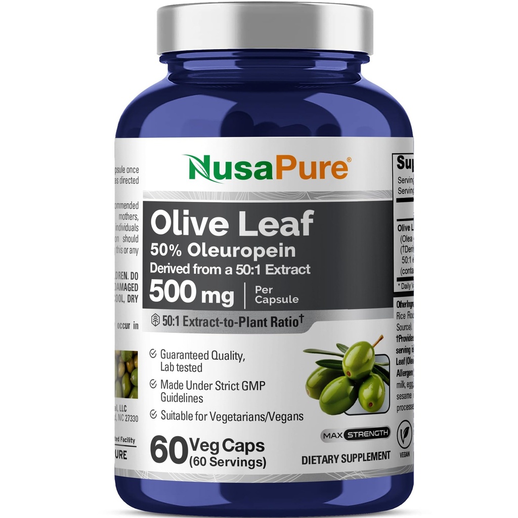 NusaPure Olive Leaf 50:1 Extract, 500 mg Equivalente a 25.000mg - 50% Oleuropein Vegan/Vegetarian - Super Strength No Oil 60 Capsule