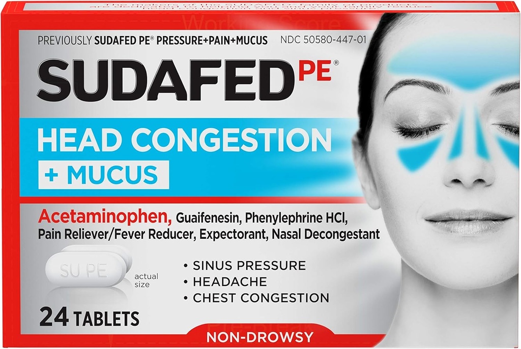 Sudafed PE Head Congestion + Tavole per la pressione del seno, dolore e congestione, 24 ct