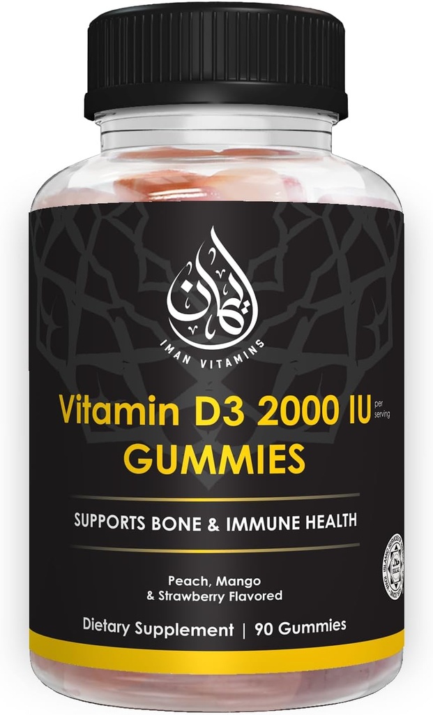 Vitamina Halal D3 Gummies per Adulti, Uomini e Donne | 1000IU - 2000IU | Supporti Bone, Immunità e salute del cuore | Vegetariano, Non OGM, Gluten-Free | 45-90 Serve