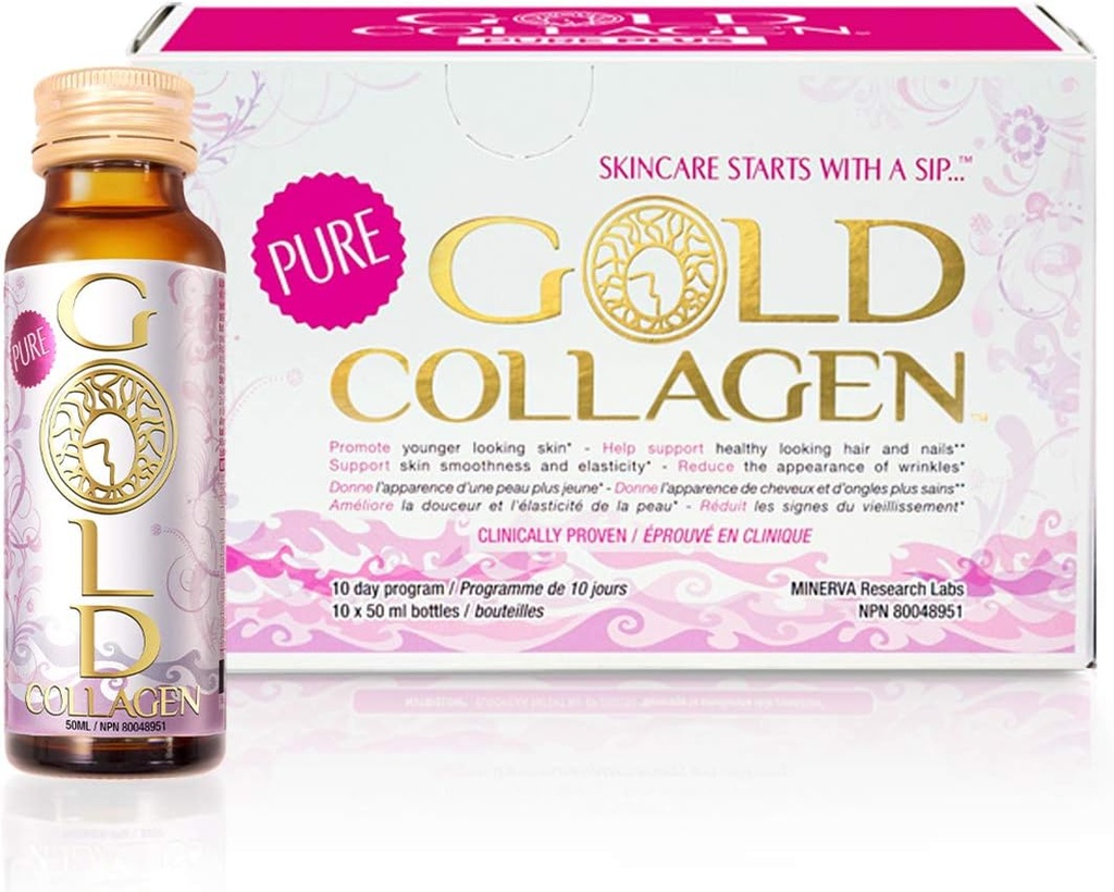 GOLD COLLAGEN Pure - Integratori di collagene per donne e uomini con biotina per la crescita dei capelli, la pelle e l'unghia - Booster di sistema immunitario antirughe con acido ialuronico, vitamina C, B6 e zinco, 1 confezione 10x50 ml