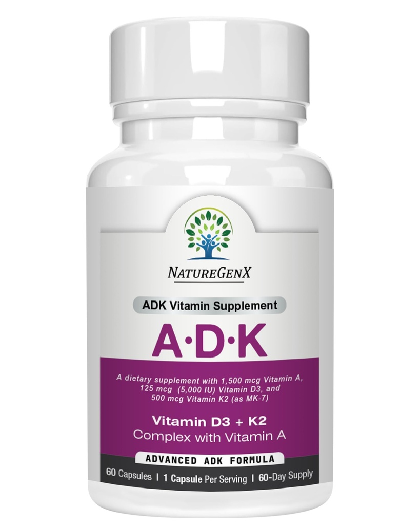 Supplemento di vitamina ADK 5000 IU - Vitamine ad alta potenza A, D3, e K2 per l'assorbimento di Bone Salute e Calcio | Integratore ADK senza glutine di vitamina, alimentazione di 60 giorni, 60 capsule
