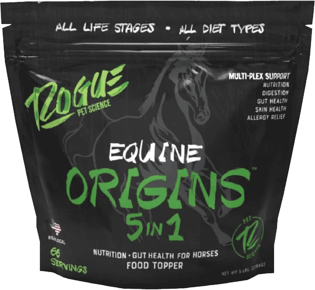 ROGUE PET SCIENCE Origins 5-in-1 Supplemento cavallo - Pelleted Equine Food Topper w/Natural Omega 3 Fish Oil - Supporta Gut Health, Ulcer Relief & Joints-Helps Allergies, Skin and Coat Health (5 lbs)