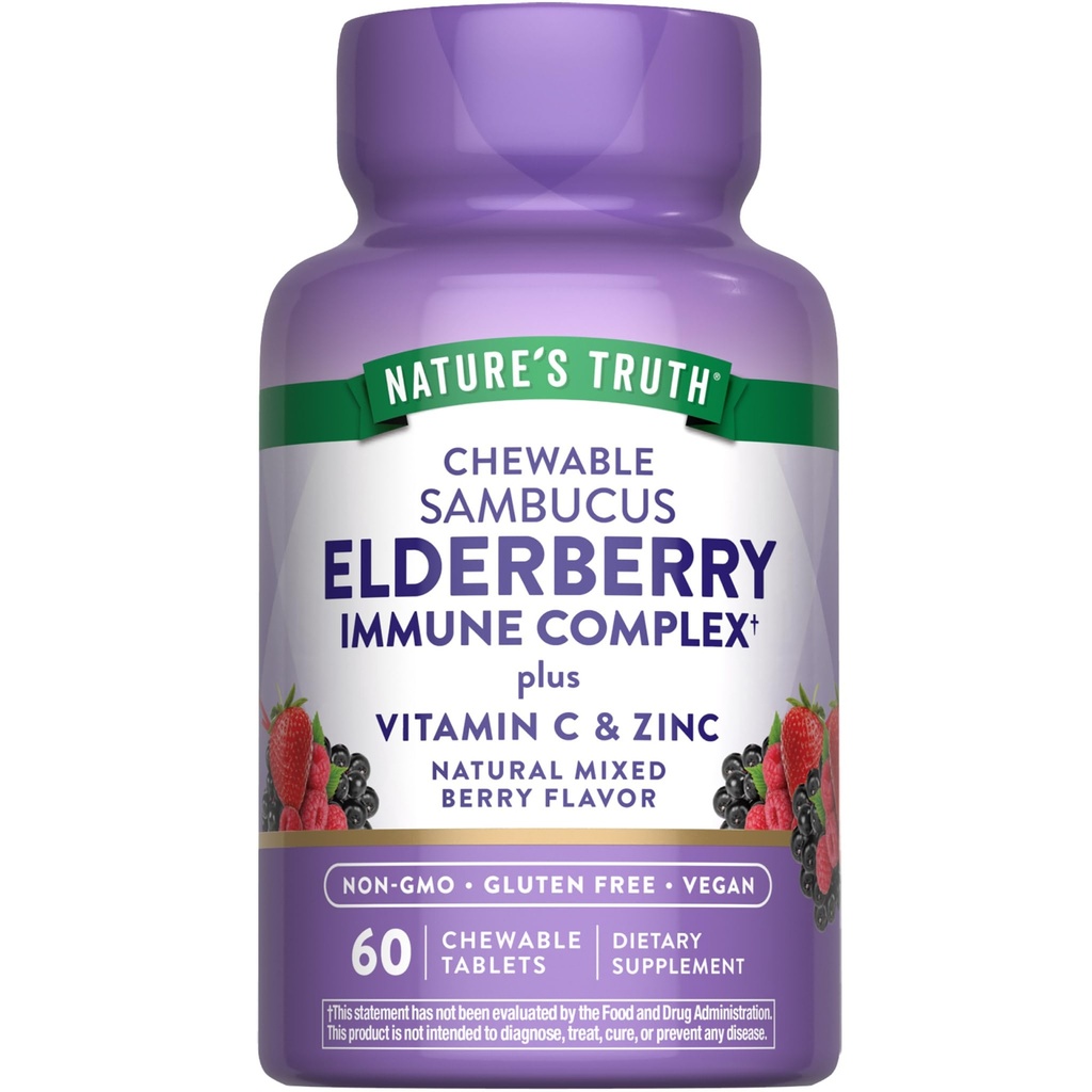 Nature's Truth Elderberry Immune Complex | 60 compresse masticabili | Plus Vitamin C & Zinc | Bacca mista | Vegan, Non OGM, & Gluten Free Supplement