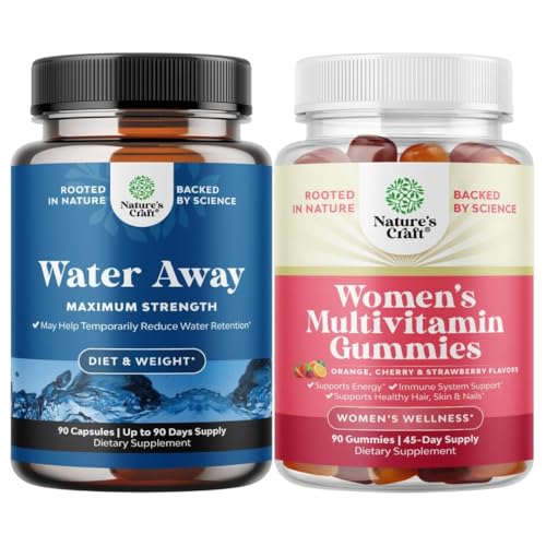 Bundle of Water Away Pills - Fluid Retention Supplement con Dandelion Leaf Extract per Bloating Relief - Capsule per Leg & Feet Swelling e Multivitamin Gummies per Adulti Energia e Immunità