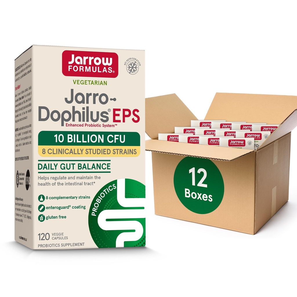 Jarrow Formulas Jarro-Dophilus EPS Probiotics 10 miliardi di CFU per il supporto del tratto intestinale, supplemento probiotico per la salute del fegato per le donne e gli uomini, 120 capsule di verdure, fino a un rifornimento di 60 giorni, pacchetto di 12